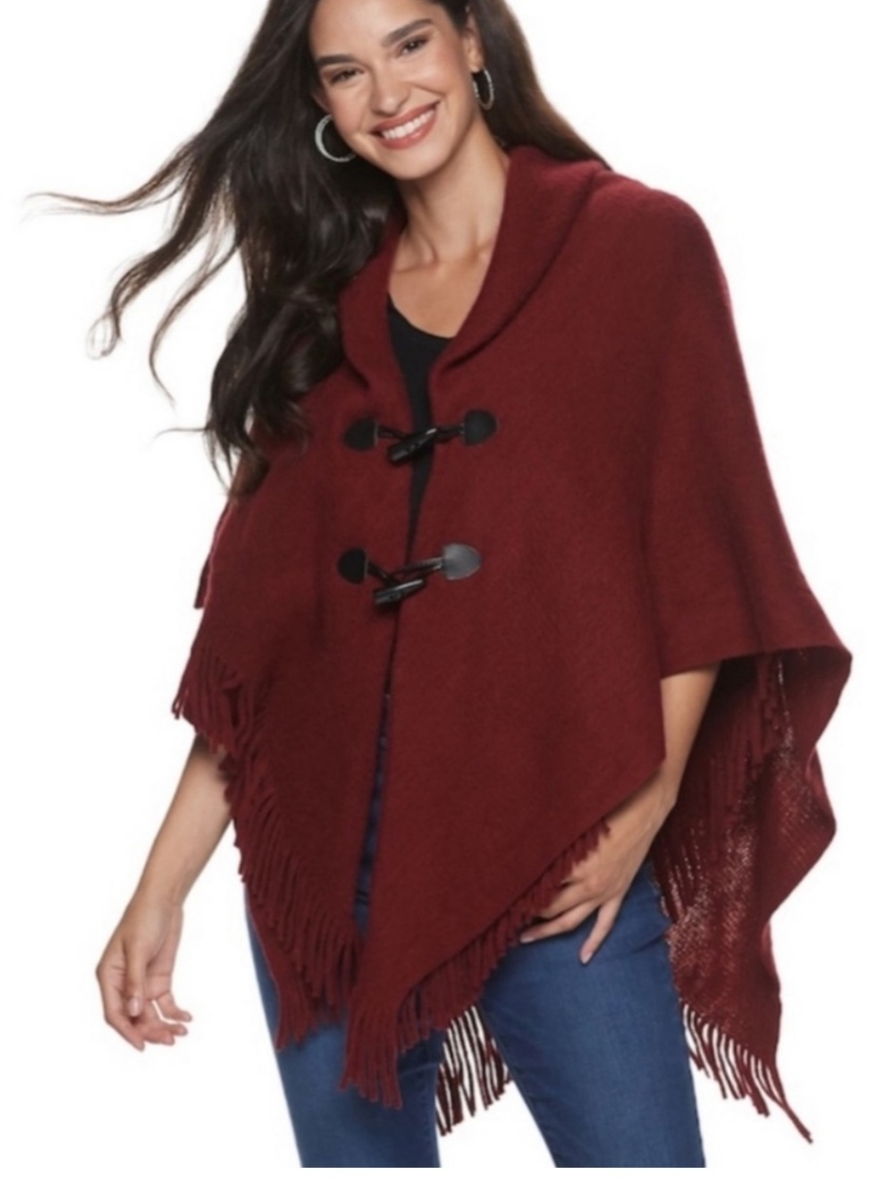 NWT Apt. 9 Soft Poncho Cape Ruana Shawl Collar Fringe Hemline Burgundy One Size